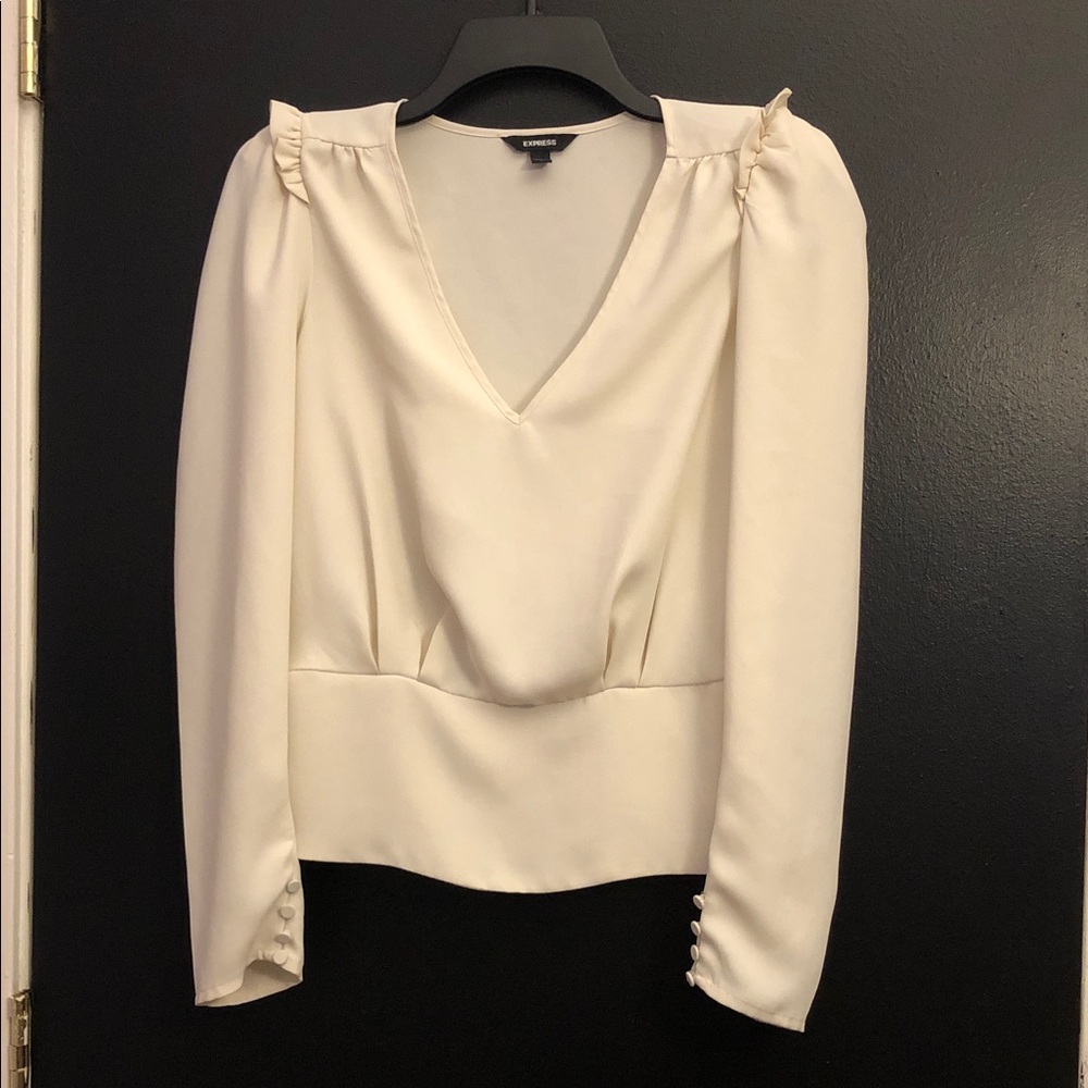 EXPRESS Cream V-Neck Puff Shoulder Blouse